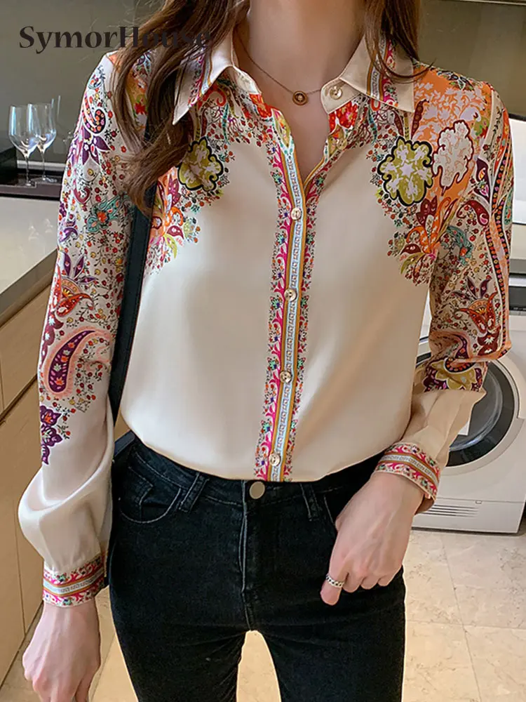 

Рубашка Женская атласная из шелка тутового шелкопряда с длинным рукавом и винтажным принтом