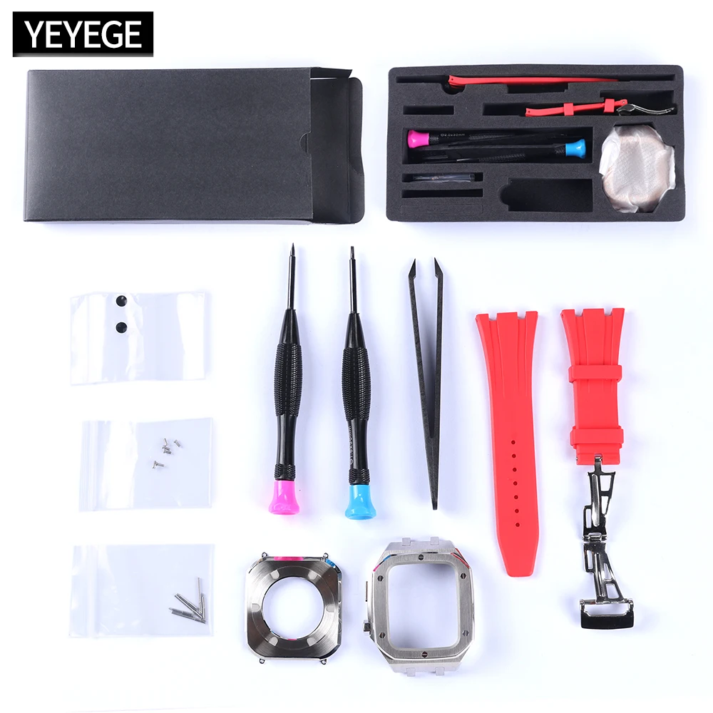 Modification Kit Metal Case+strap For Apple Watch bands Series 8 7 45mm Correa iWatch band 44mm 42mm Rubber Bracelet Wristband