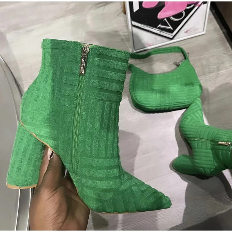 Vanessas women’s block heels stripe embossing pointed toe female shoes autumn ankle high heel boots