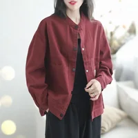 Spring Autumn Casual Loose New Pocket Red Jacket Pure Color Spring Autumn Outerwear 2025 New Style Retro Match All