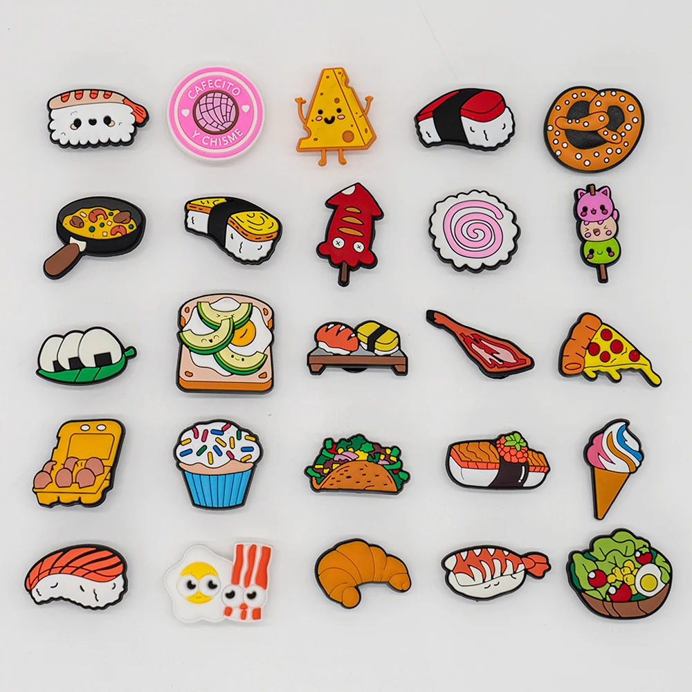 1/10pcs 여성을위한 귀여운 음식 구두 매력 쿠키 피자 옥수수 스시 구두 장식 바나나 수박 음료 코코넛 핀 방해물 청바지