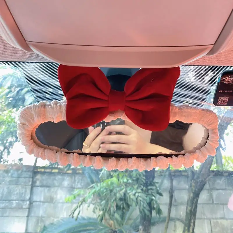 Velvet Retro Red Bow Car Mirror Cover Universal Stretch Soft Plush Auto Interior Rearview Mirror Case Decor Accessories Women