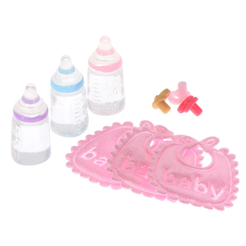 Dolls house miniature baby bottles pacifier bibs set nursery accessory 3PCS