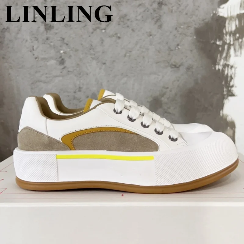 

Running Womens Casual Shoes Men Thick Sole Platform Sneakers Lace-up Sports Genuine Leather Trainers Flat Vulcanize Shoes 2023