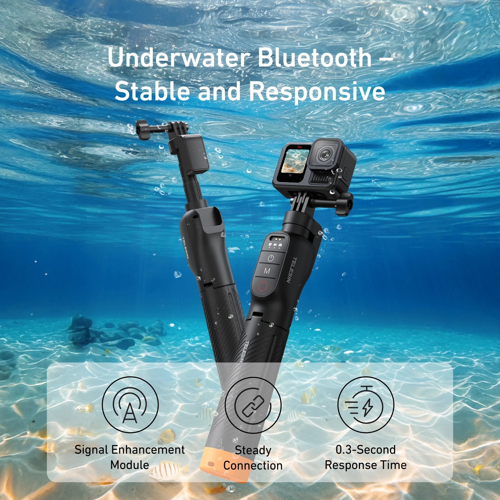 TELESIN 3 en 1 Télécommande Selfie Stick Trépied Flottant pour GoPro Hero 9/10/11/12/13/Max, télécommande sans fil en main