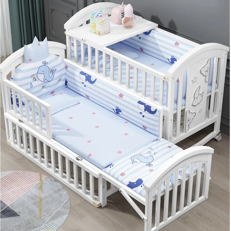 

Baby Crib Multifunctional Bb Baby Crib Solid Wood Unpainted Rocking Bed Newborn Movable Children Splicing Large Bed