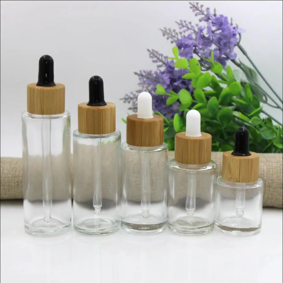 

30ML clear glass dropper bottle bamboo lid essential oil serum toner spot removal liquid hyaluronic acid skin care packing