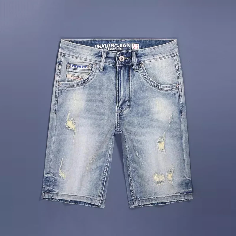 

Summer Designer Fashion Men Jeans Retro Blue Stretch Slim Fit Short Ripped Jeans Homme Patched Vintage Casual Denim Shorts Men