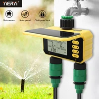 Yieryi 2 Outlets Watering Timer Auto Irrigation Solar Charging Digital Sprinkler Timer Water Valve Controller for Garden Outdoor 1