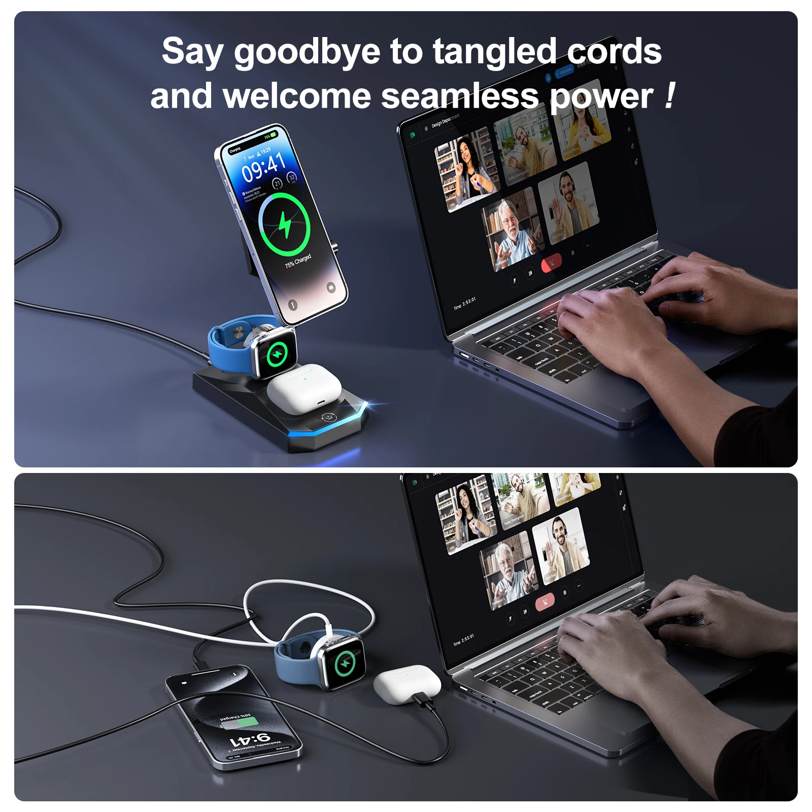 Foldable 3 in 1 Charging Station for iPhone 16 15 14 13 12 Pro Max Fast Wireless Charger Stand for Apple Watch,AirPods Series - Image 5