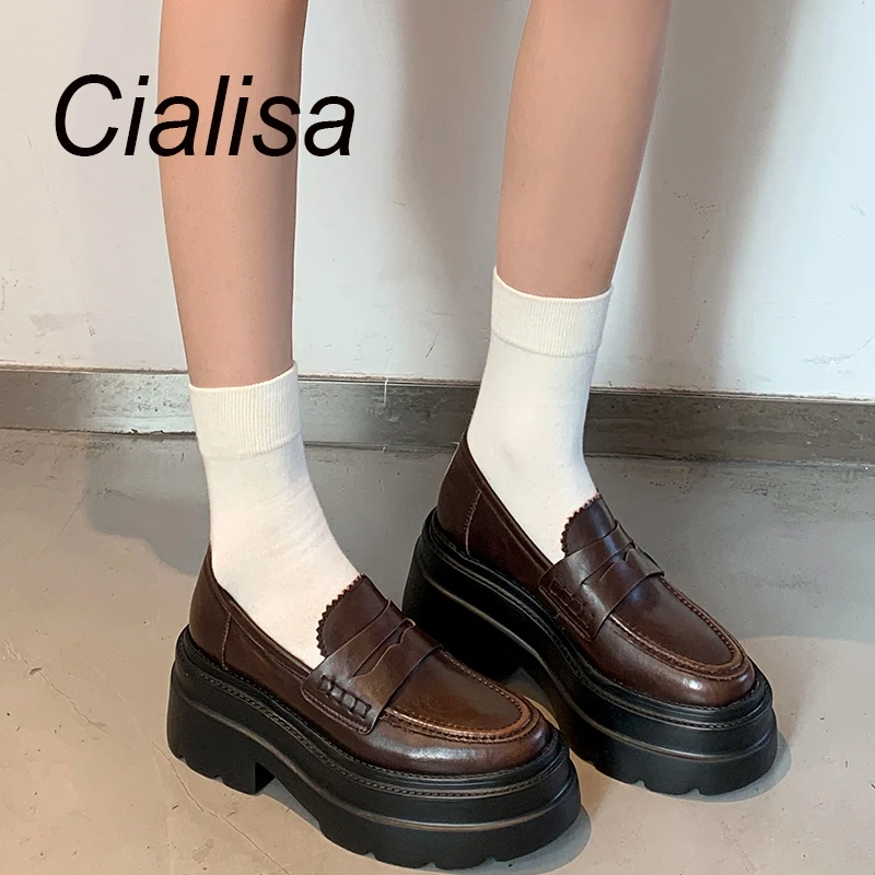 

Лоферы Cialisa женские на платформе, натуральная кожа, круглый носок, массивный высокий каблук, повседневные, коричневые, размеры 40, весна
