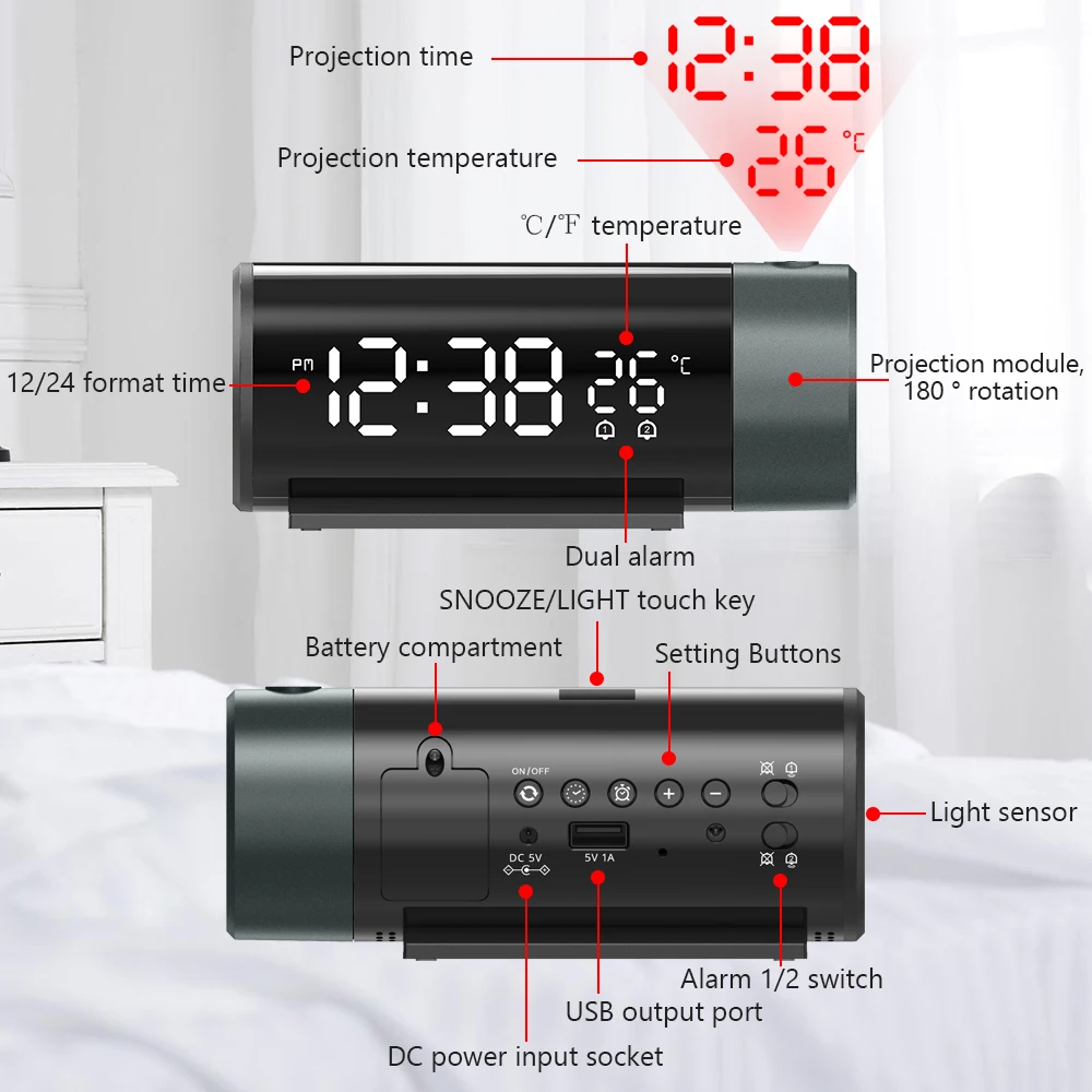 LED Digital Alarm Clock 180&deg; Rotation Electronic Table Projector Watch Time Projection Automatic Backlight lcd digital clock digital desk clock digital clock digital table clock
