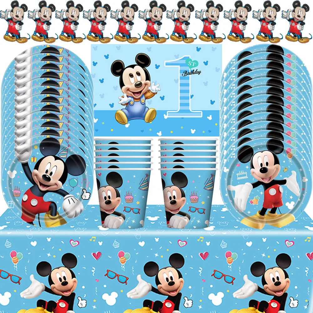 

New Mickey Mouse Birthday Party Supplies Blue Theme Disposable Tableware Tablecloth Cup Plate Napkin for Kids Boys Baby Shower