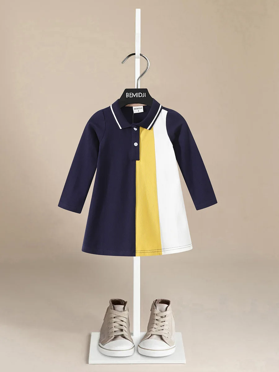 

Spring Autumn Children Clothes Casual Color Matching Girls Polo Dresses Cotton Long Sleeve Dresses Girls 1-6 Years Kids Dresses