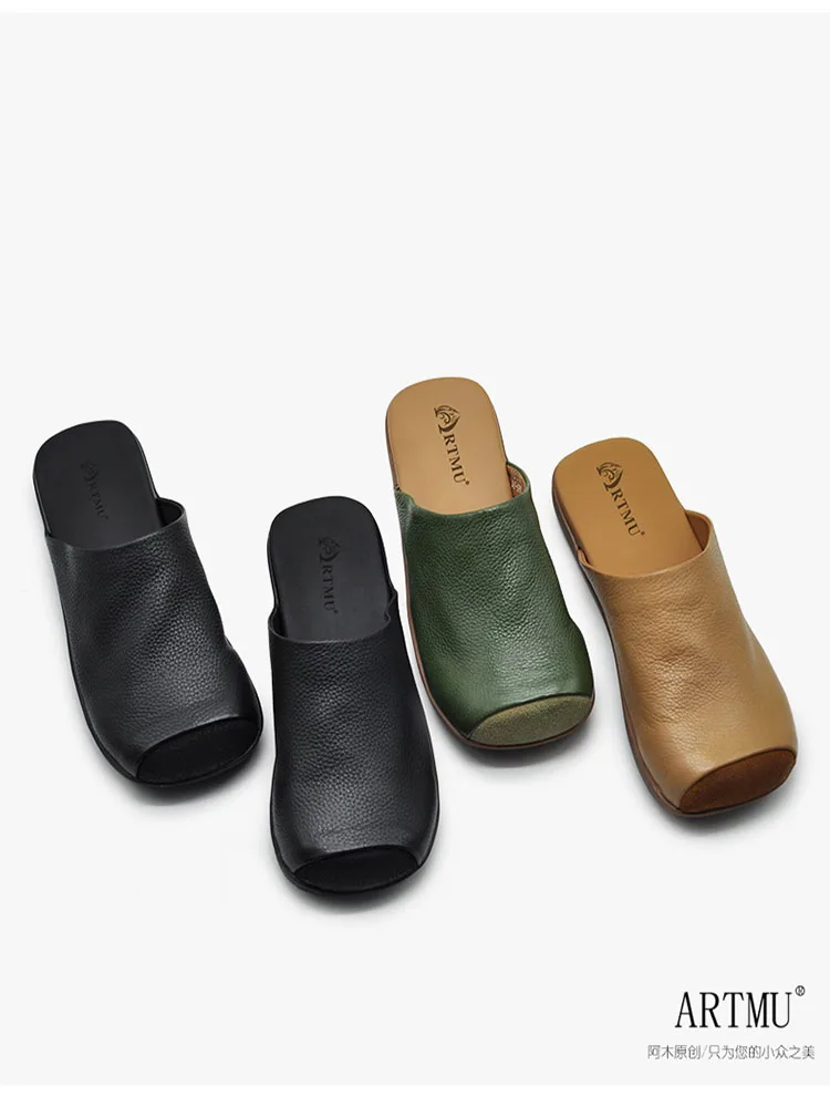 

Artmu Genuine Leather Slippers Women Outside Wear Flat Sole Semi-slippers Summer Super Fire Handmade Beach Slippers Women Shoes