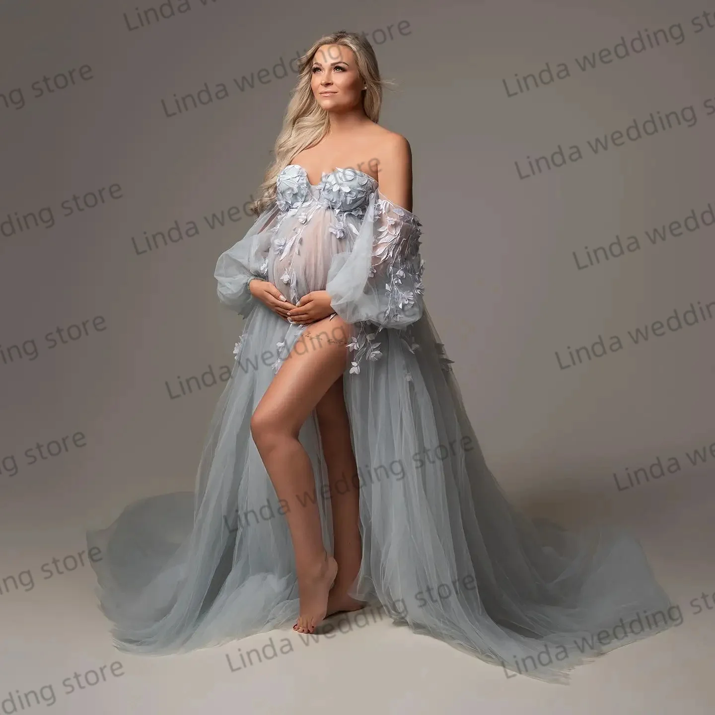 Floral Appliqued Maternity Dress for Photoshoot Lace Prom Dress Party Wear Custom Front Slit Pregnancy Babyshower Gowns