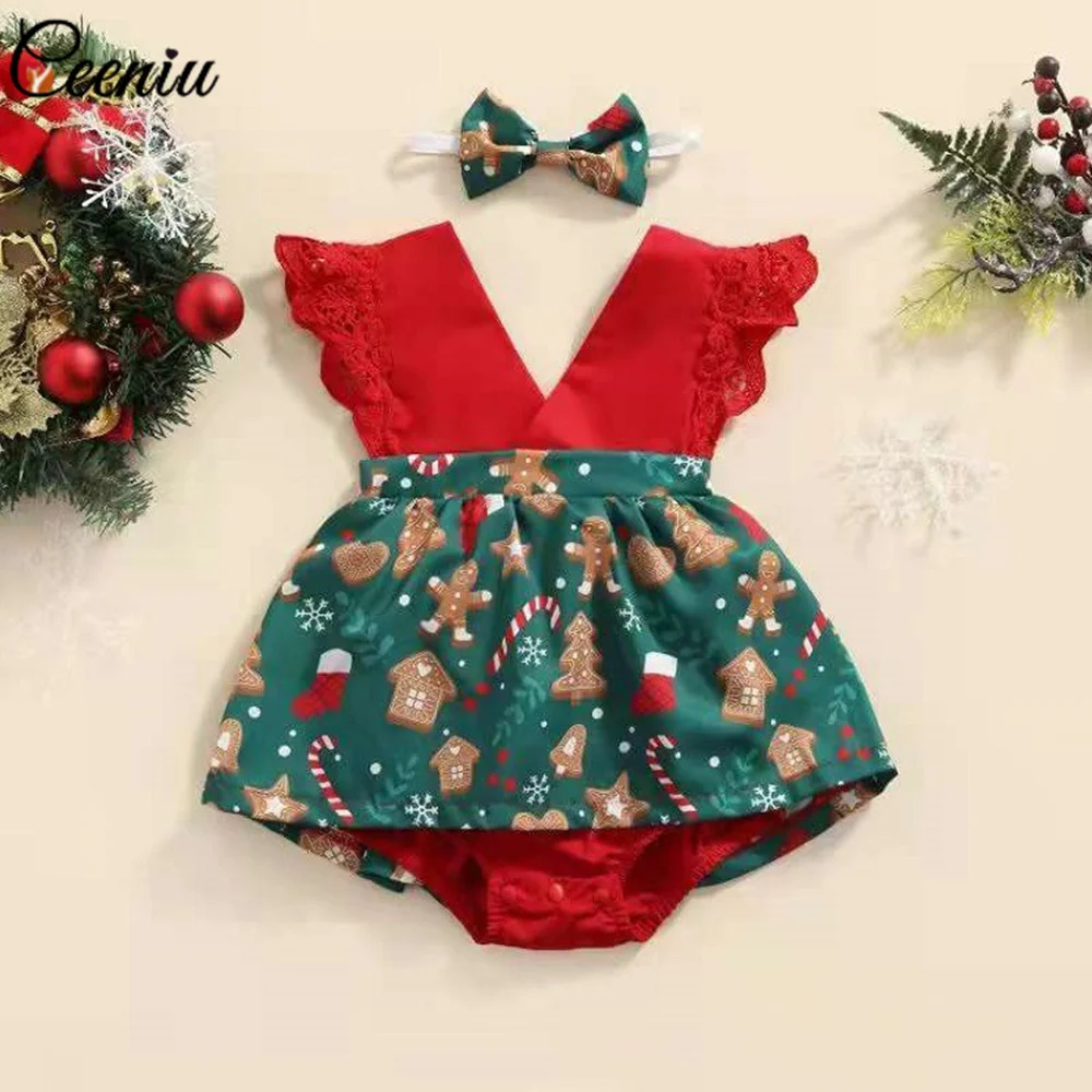 Ceeniu Baby Girl Christmas Clothes Green Tree Gingerbread Man Print Romper Dress For New Year My First Christmas Baby Costume Cotton Romper Baby Dress Baby Clothing Baby Jumpsuit