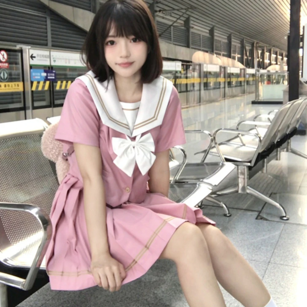 

Pink Japanese School Uniform Jk Skirt Sailor Suit Japanese Long-sleeved Intermediate Suit Navy Collar College Style Class Suit