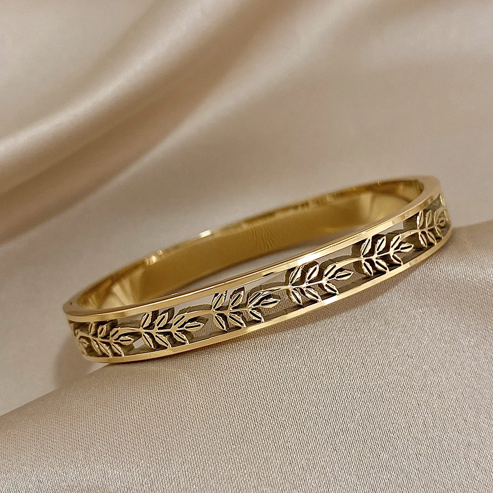 Vintage Ancient Greek Leaves Stainless Steel Bangles Bracelet for Women Fashion Cuff Wrist Waterproof Laurel Leaves Jewelry Gift 4