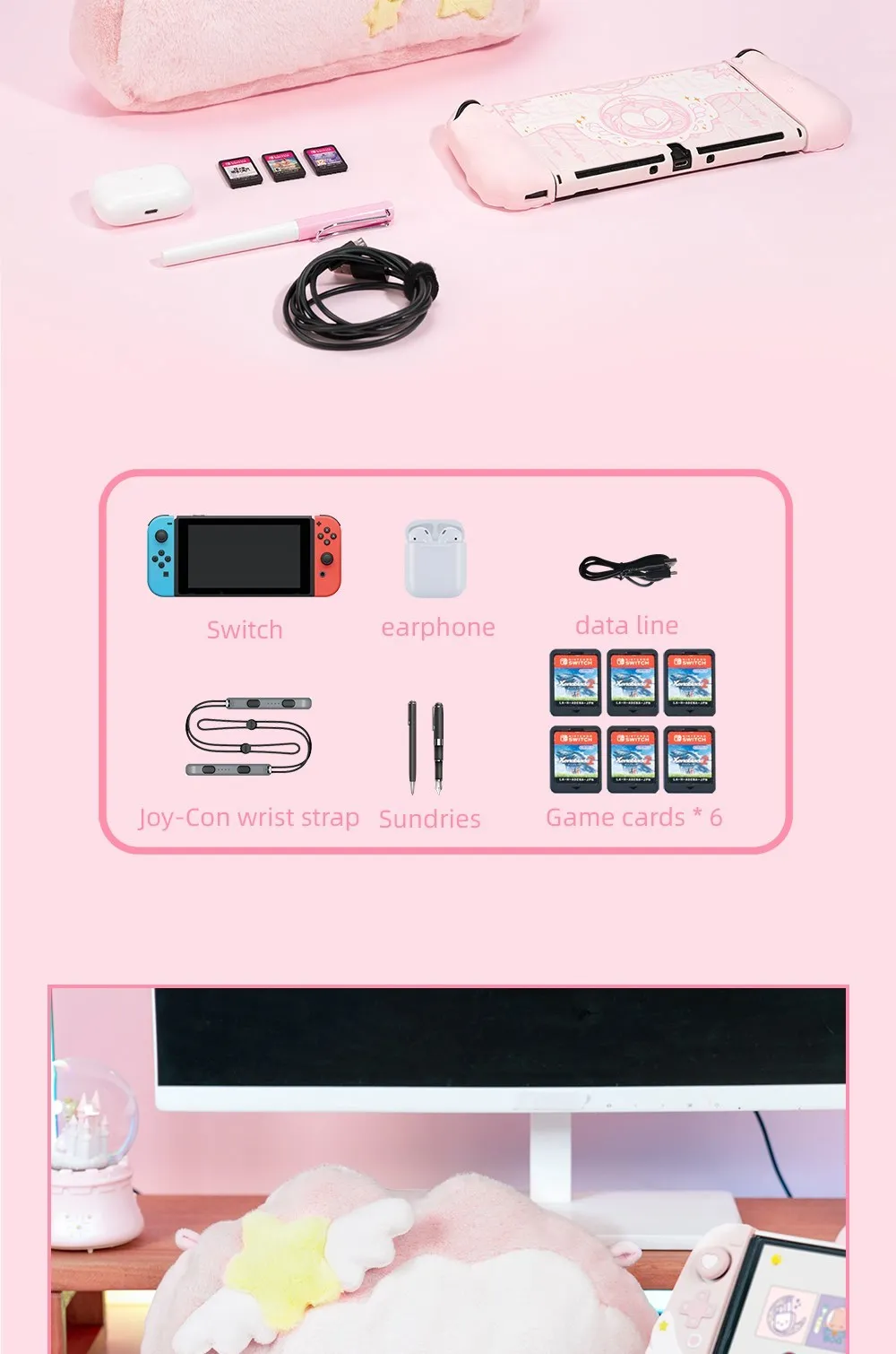 GeekShare Carrying Case Pink Star Kawaii Plush Strorage Bag For Nintendo Switch OLED NS Game Console Accessories