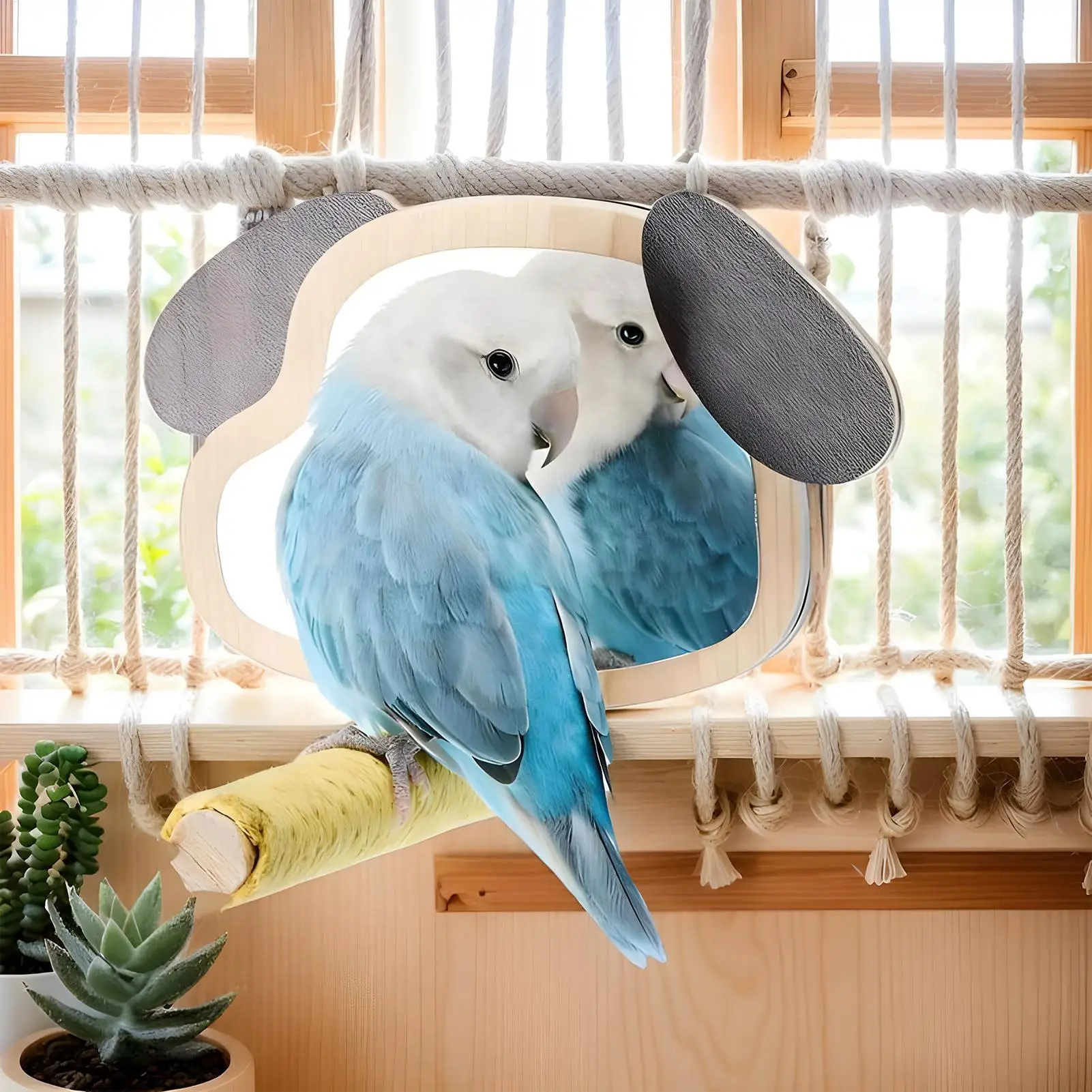 Bird Perch Climbing Toys With Puppy Ear Mirror Parrot Perch Stand For Play Area Boredom Prevention Mental Stimulation Parakeets