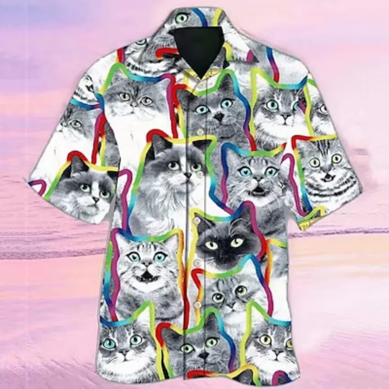Summer men's shirt Animal Cat print lapel Casual fashion street wear designer hawaiian Shirts