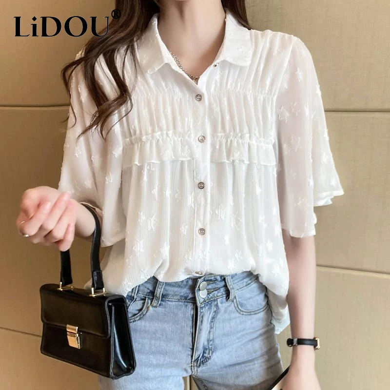 Summer New Solid Color POLO Collar Flare Sleeve Single Breasted Chiffon Shirt Women Fashion Loose Casual Pleated All-match Tops