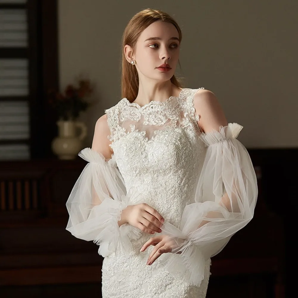 Elegant Yarn Bridal Arm Sleeves Breathable Pleated Lace Arm Covers Lantern shaped Thin Gauze Sleeves Women