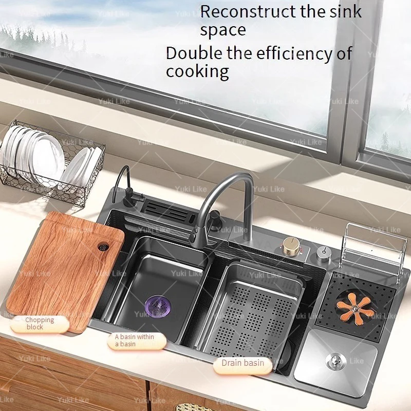 Stainless Steel Waterfall Kitchen Sink Embossed Extra Large Single Bowl With Chopping Board Rack Multifunctional Wash Basin 3