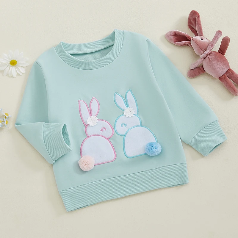 Toddler Baby Girl Boy Sweatshirt Easter Clothes Kids Bunny Embroidery Crew Neck Long Sleeve Pullover Casual Tops for Infant 1-4Y