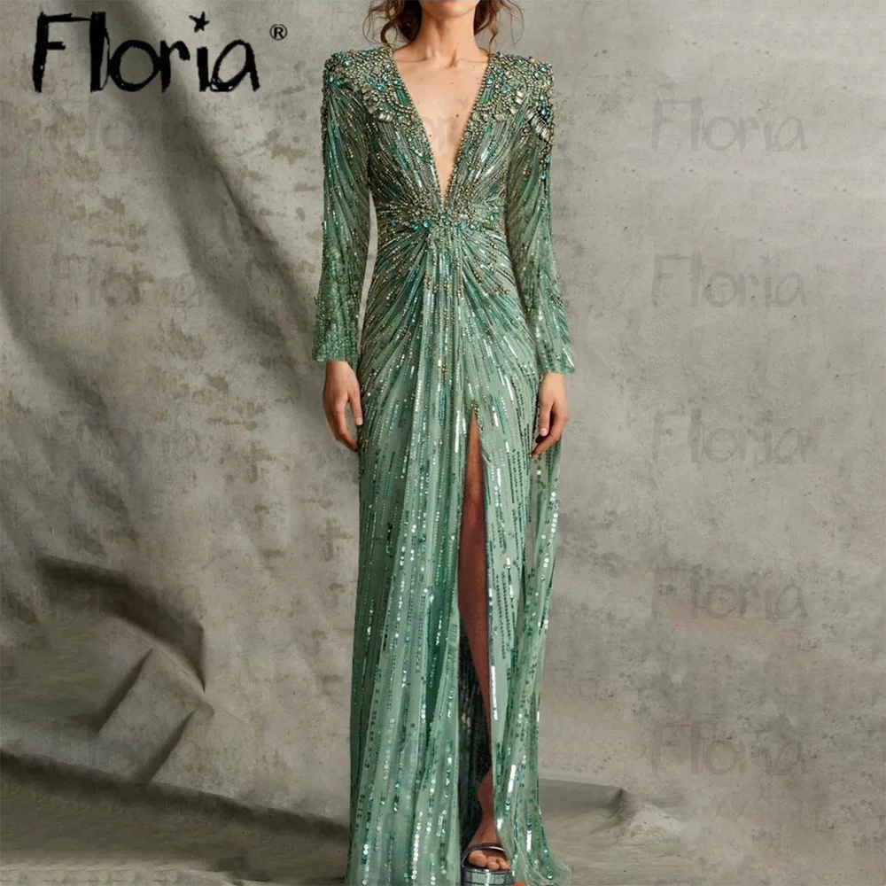 

Vintage Stones Green Sheath Dress Front Side Deep V Neck Party Gowns Elegant Long Sleeves Formal Evening Dresses Custom Made