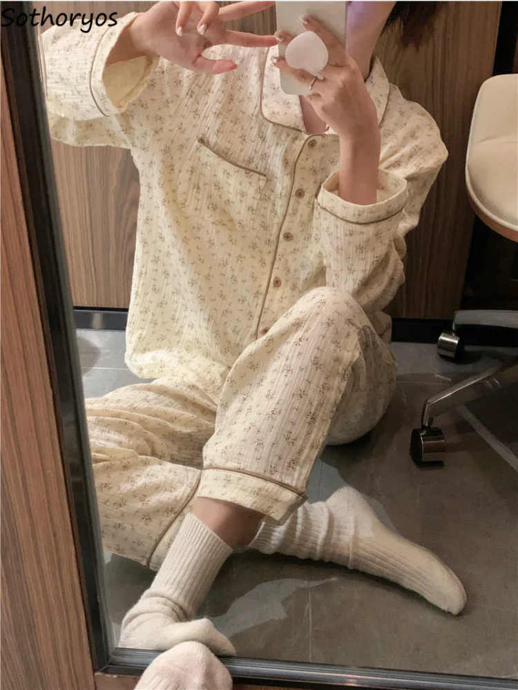

Пижамные комплекты для женщин в стиле ретро Уютная женская модная одежда для сна в Корейском стиле преппи Повседневная Базовая Удобная Милая с длинным рукавом Новинка