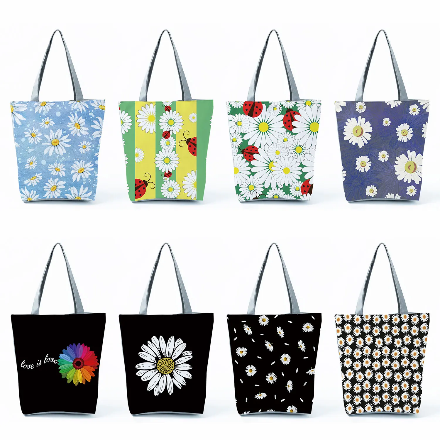 

Shoulder Bag Custom Logo Shopping Bags Beach Travel Tote Refreshing Daisy Printed Eco Reusable High Capacity Handbags for Women