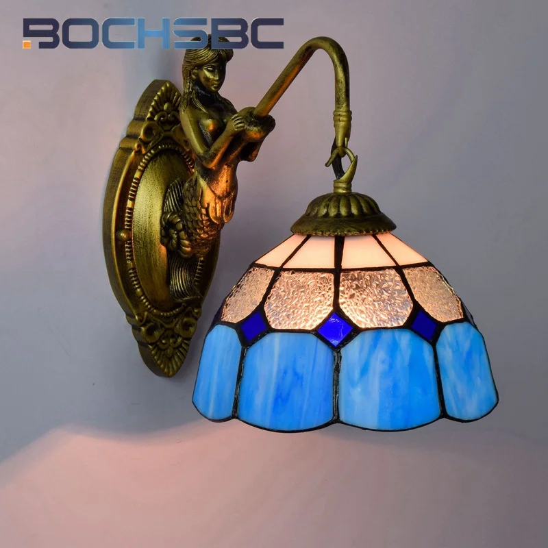 

BOCHSBC Tiffany style stained glass 8inch mermaid Mediterranean blue diamond wall lamp Dining room bedroom bed corridor LEDdecor