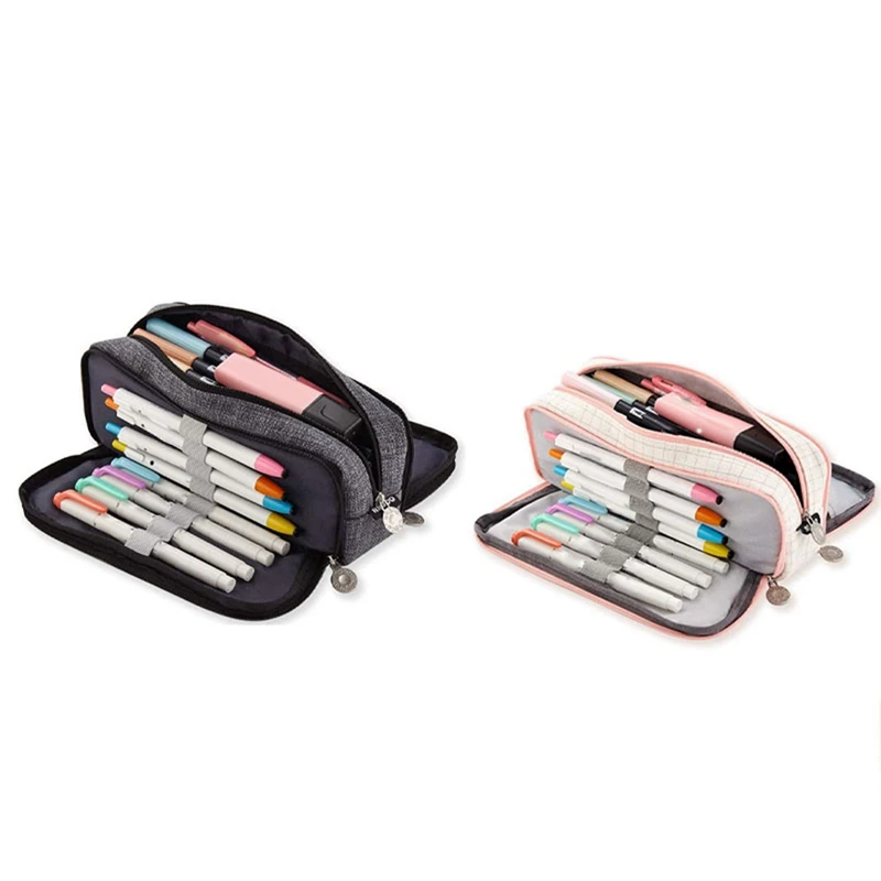 

ANGOO 2 Pcs Large Pencil Case Big Capacity 3 Compartments Canvas Pencil Pouch, Grey & White-Pink