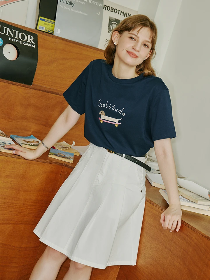 FSLE 100% Cotton Women White Skirt Knee-Length Pleated