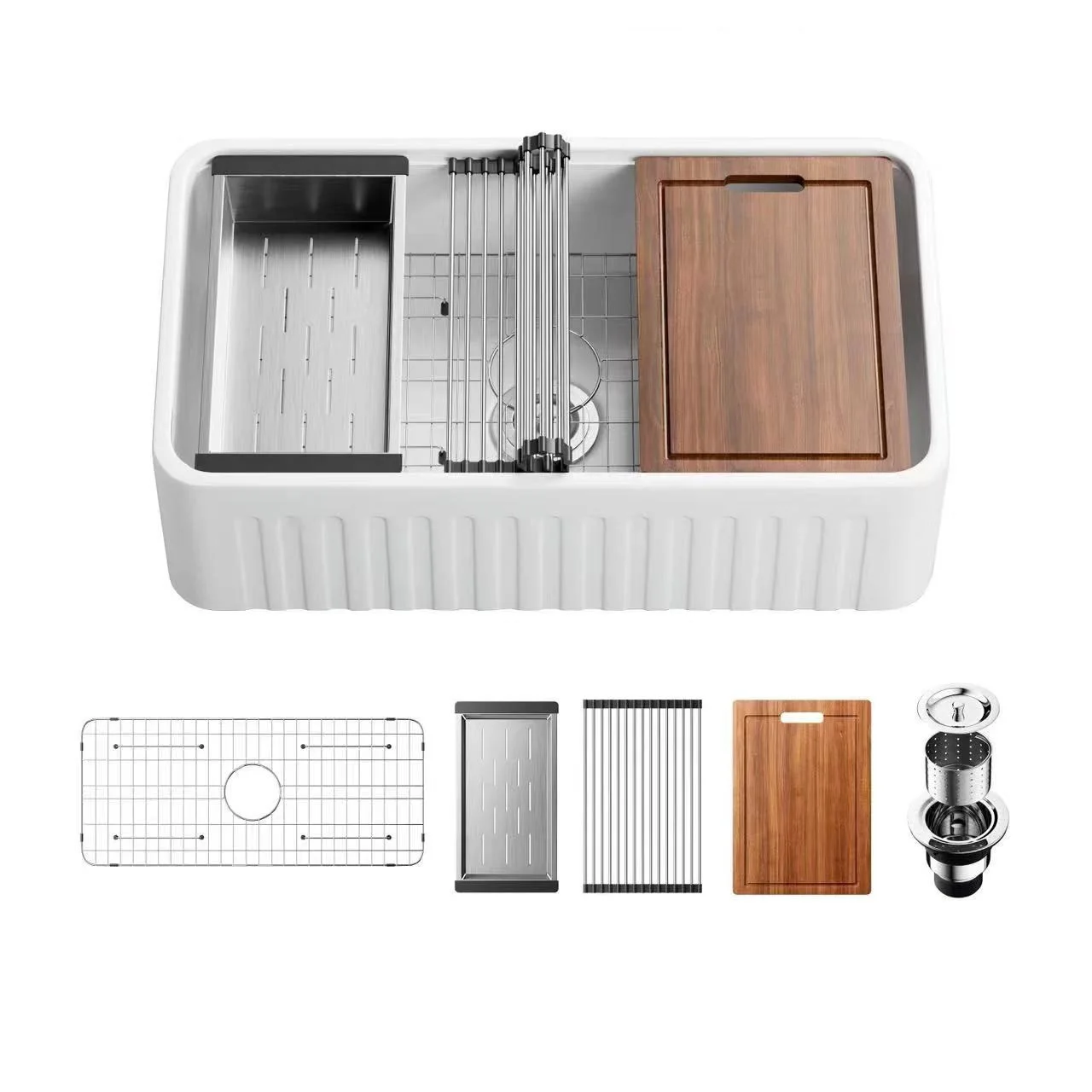 Single Bowl Farmhouse Kitchen Sink ,Ceramic with Cutting Board ,Grid & Strainer-White 24/33 Inch