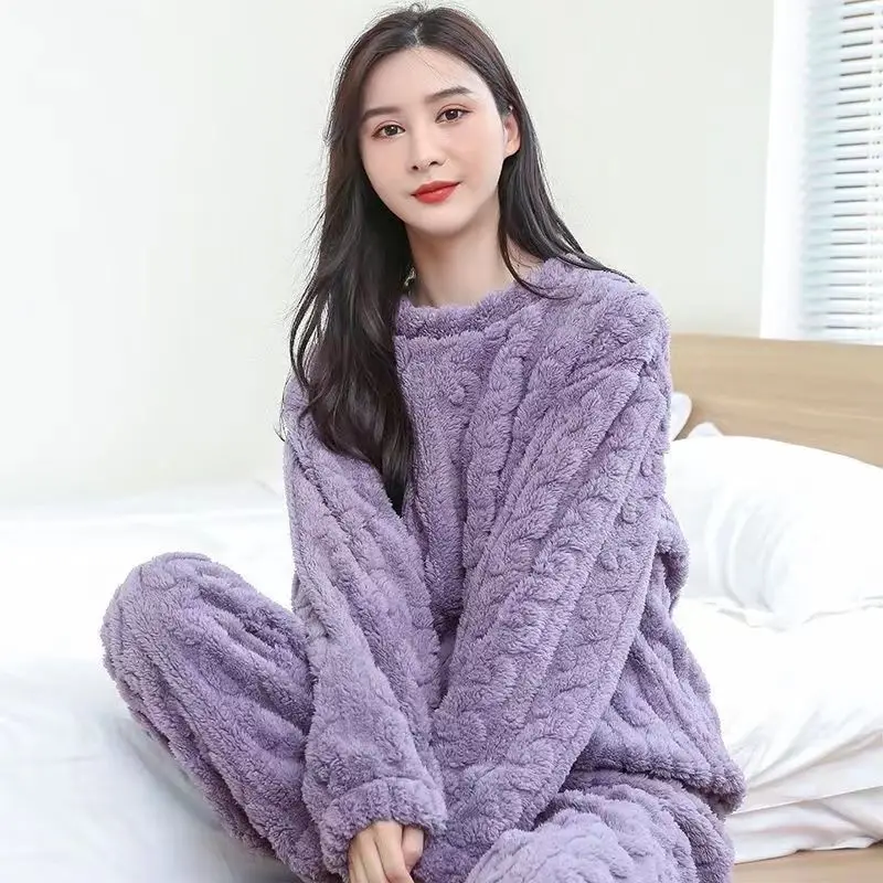 2024 New Coral Velvet Pajamas Women's Autumn Winter Loungewear Fleece-Lined Padded Extra Thick Velvet Homewear Two-Piece Suit