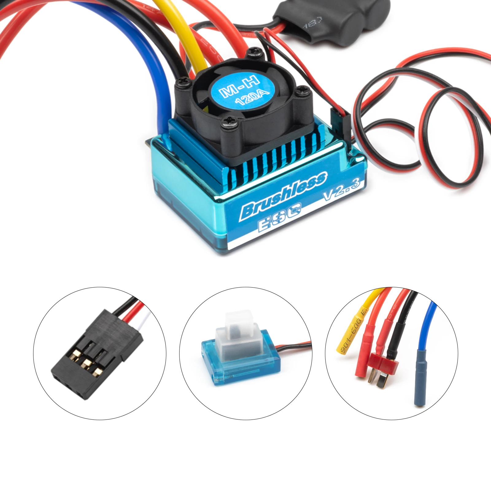 Contrôleur ESC Brushless 120A programmable avec son boîtier et accessoires, prêt à être utilisé pour des performances élevées.