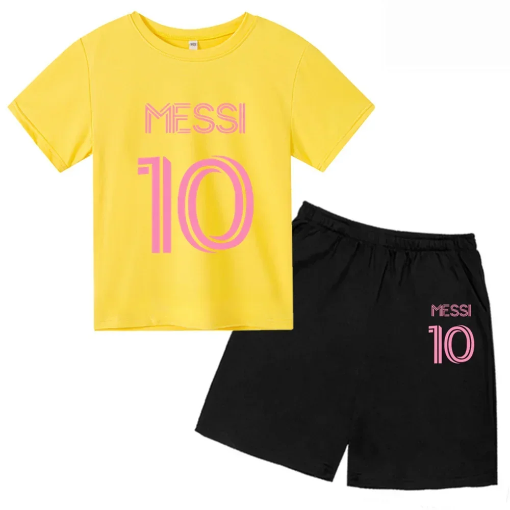 Nueva camiseta y pantalones cortos con estampado de Messi para niños y adolescentes, conjunto de 2 piezas, ropa de fútbol para niños y niñas, traje deportivo de moda de manga corta de verano