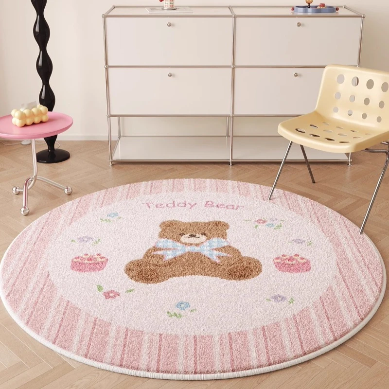Pink Round Living Room Carpet Cute Cartoon Bear Print Bedroom Rug Wool Ins Fashion Home Decoration Coffee Table Mats Alfombra 러그