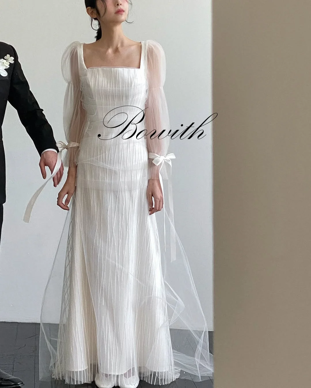 Bowith Korean Wedding Dresses Square Collar Long Sleeves Bridal Gown A-Line Floor-Length Bridal Gown Customized Evening Dresses 4