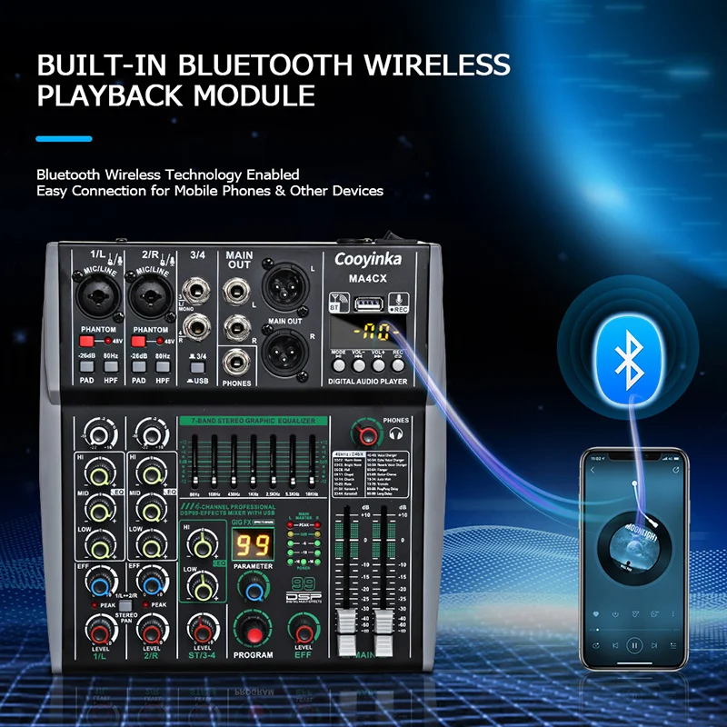 4채널 믹싱 콘솔 48V 99 DSP 이펙트 블루투스 로메호 오디오 DJ 믹서 USB PC 재생 녹음 팟캐스트 사운드 테이블
