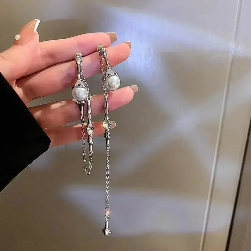 1 Pair Fashion Asymmetric Pearl Long Tassel Earrings For Women Korean Style A Two-wear Drop Chain Jewelry Accessories Gifts