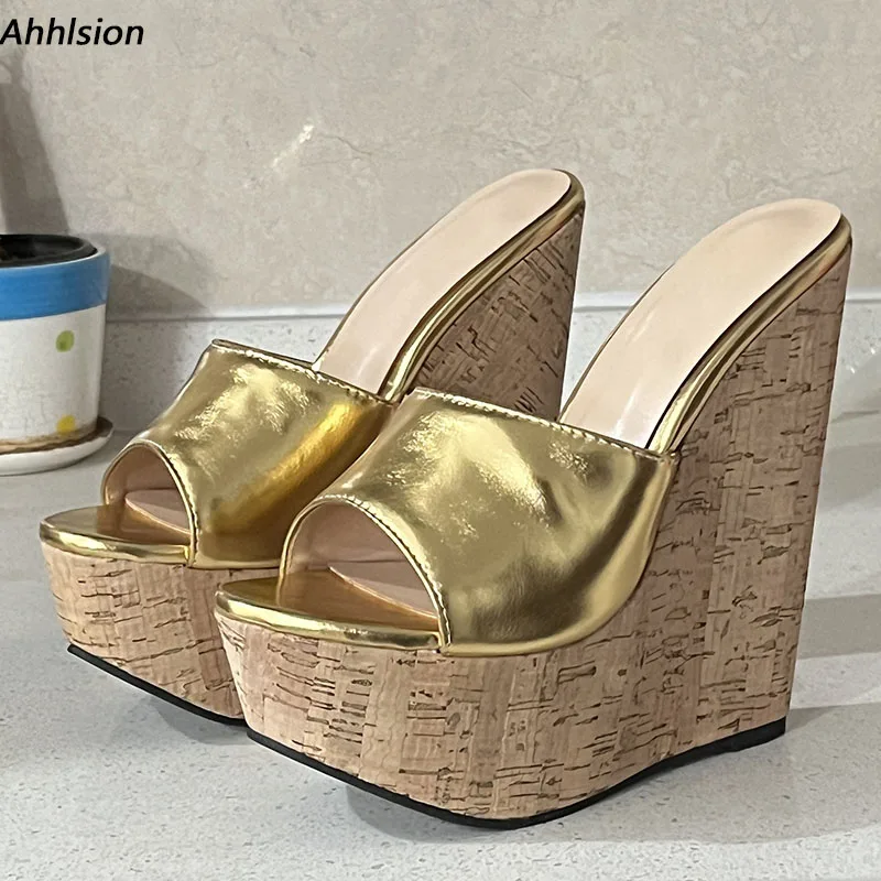 

Ahhlsion Real Photos Women Summer Slingback Sandals Wedges High Heels Round Toe Gold Silver Party Shoes Ladies US Plus Size 4-20