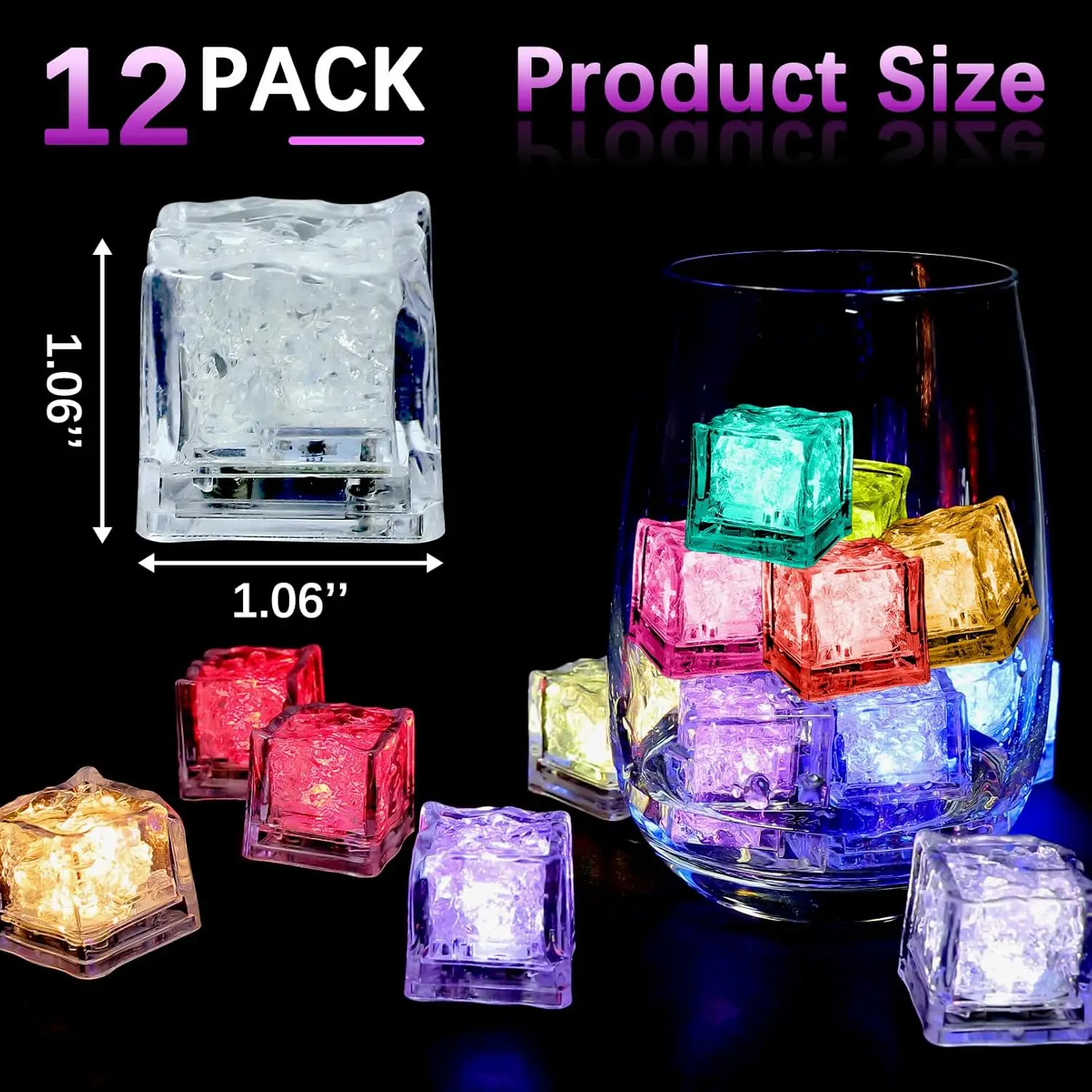 Luminous Ice Cubes Glow Light 12pc Waterproof LED Ice Cubes Light Up Ice Cubes Reusable Flashing Glow Liquid Sensor Glowing Drinks Bar