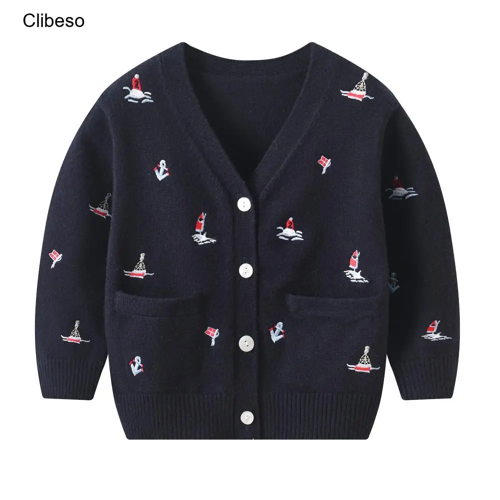 Knit sweater Kids Boy Knit Cardigan for Autumn Winter Children Boys Sailboat Embroidery V-neck Knitted Sweater Infants Warm Knitwear