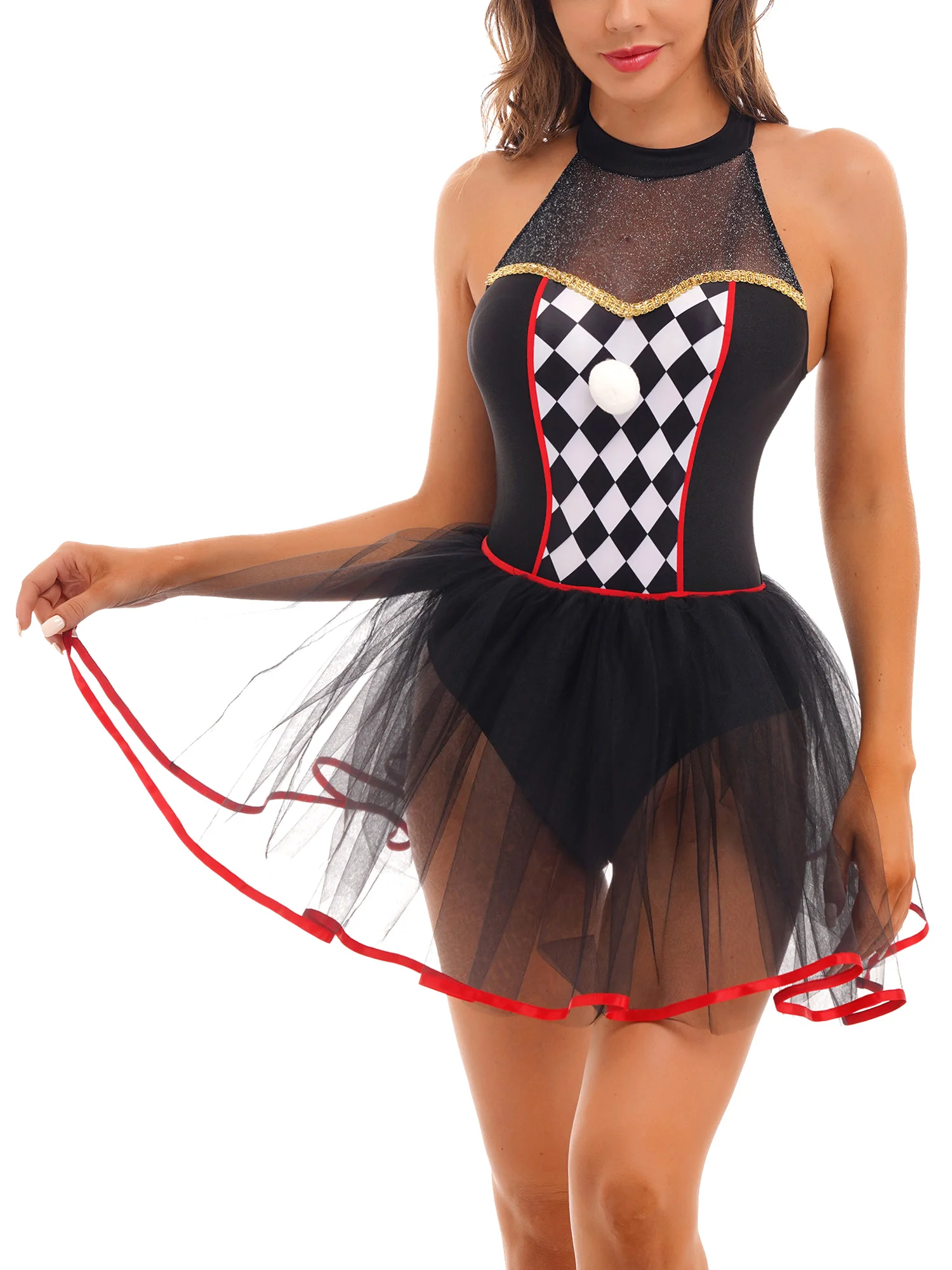 thumbnail image 1 of Traje de Cosplay de payaso de circo para mujer, vestido acampanado, calzoncillos incorporados, vestido con tutú de baile sin mangas a cuadros y espalda descubierta, disfraz de Halloween, 1 of 4