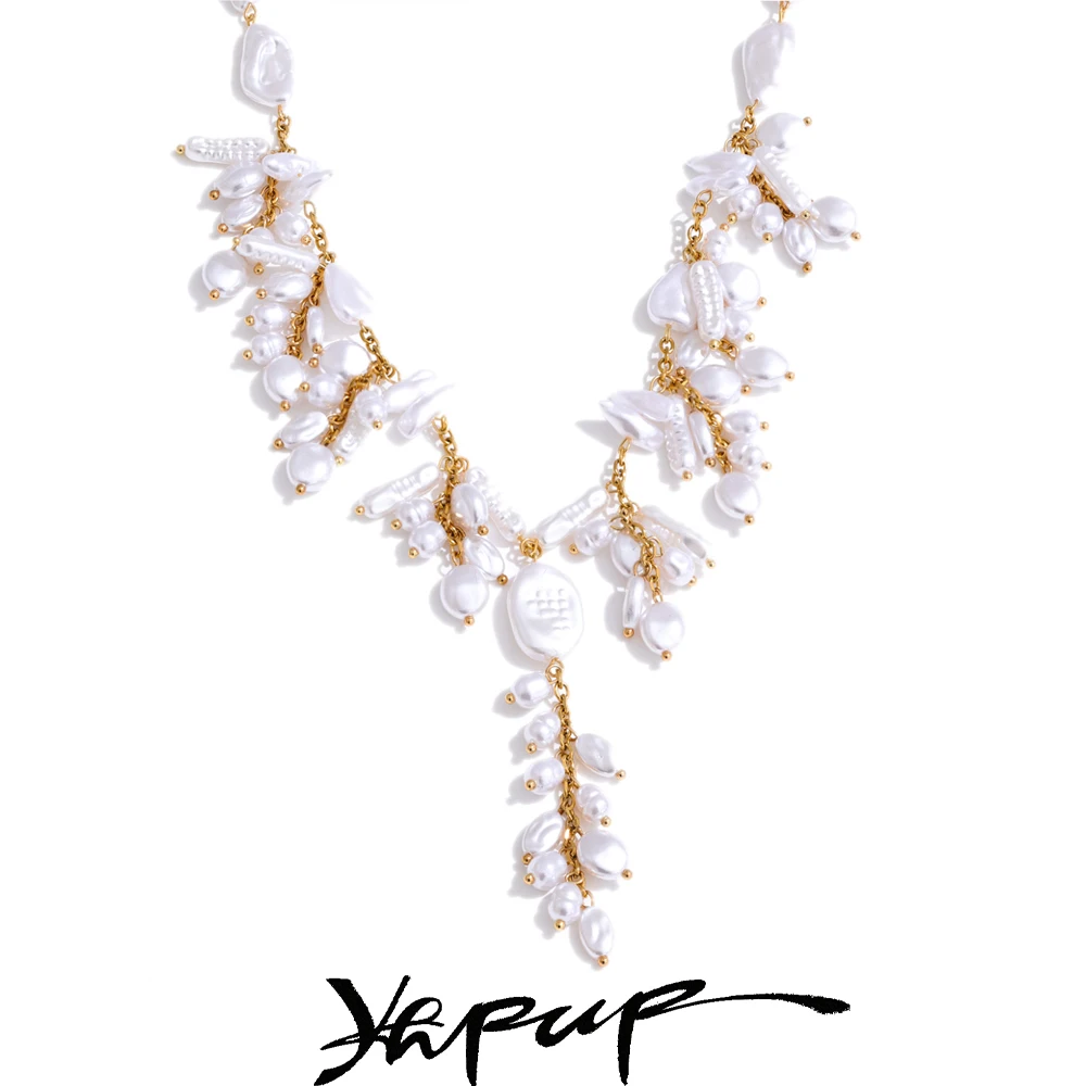 Yhpup Simulated Pearls Beads Drop Necklace Stainless Steel