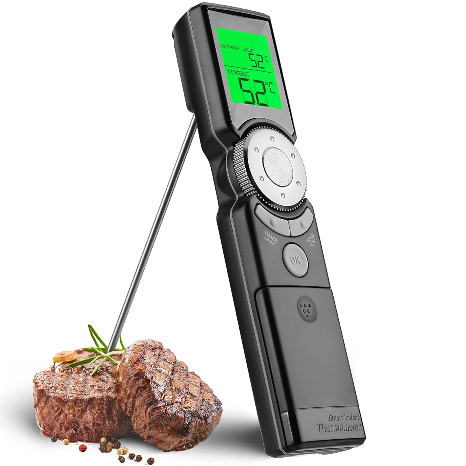 Instant Read Digital Meat Thermometer, High Accuracy Probe with Timer & Quick-Set Scroll Interface for Grill, BBQ, Frying